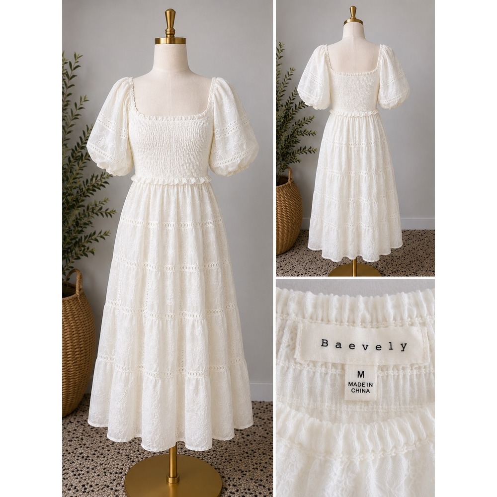 Baevely White Smocked Eyelet Puff Sleeve Cottagecore Midi Dress Size M